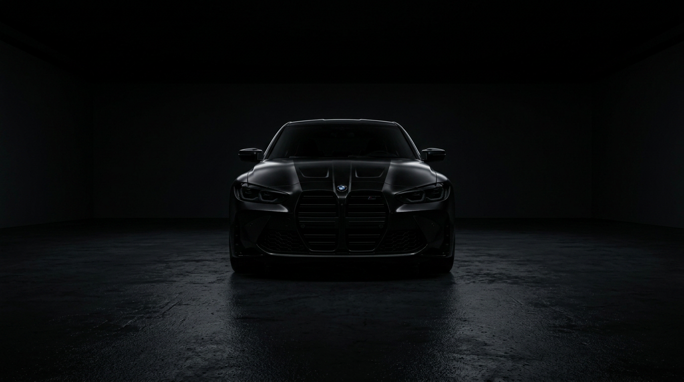 Black BMW M3 waking up in a dark garage before pulling away at night